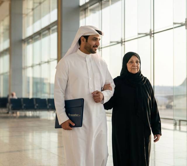 شاب سعودي يرافق والدته في صالة مطار ويحمل ملف التأشيرة